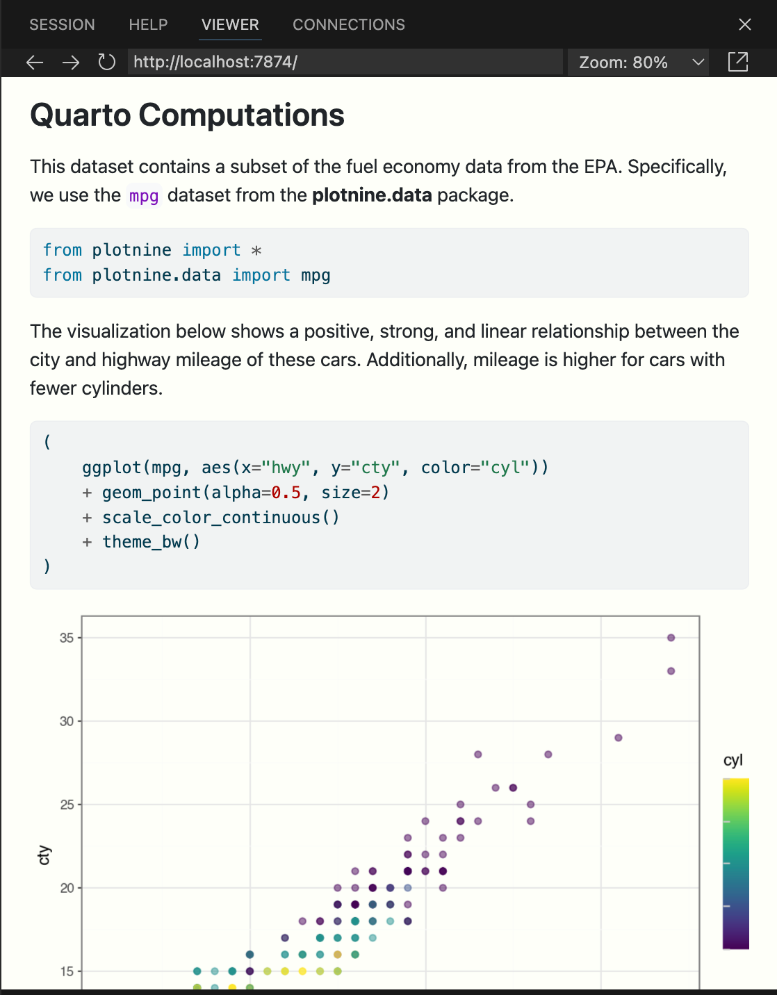 Positron Viewer pane with a document titled Quarto Computations that contains some text, code and a visualization.
