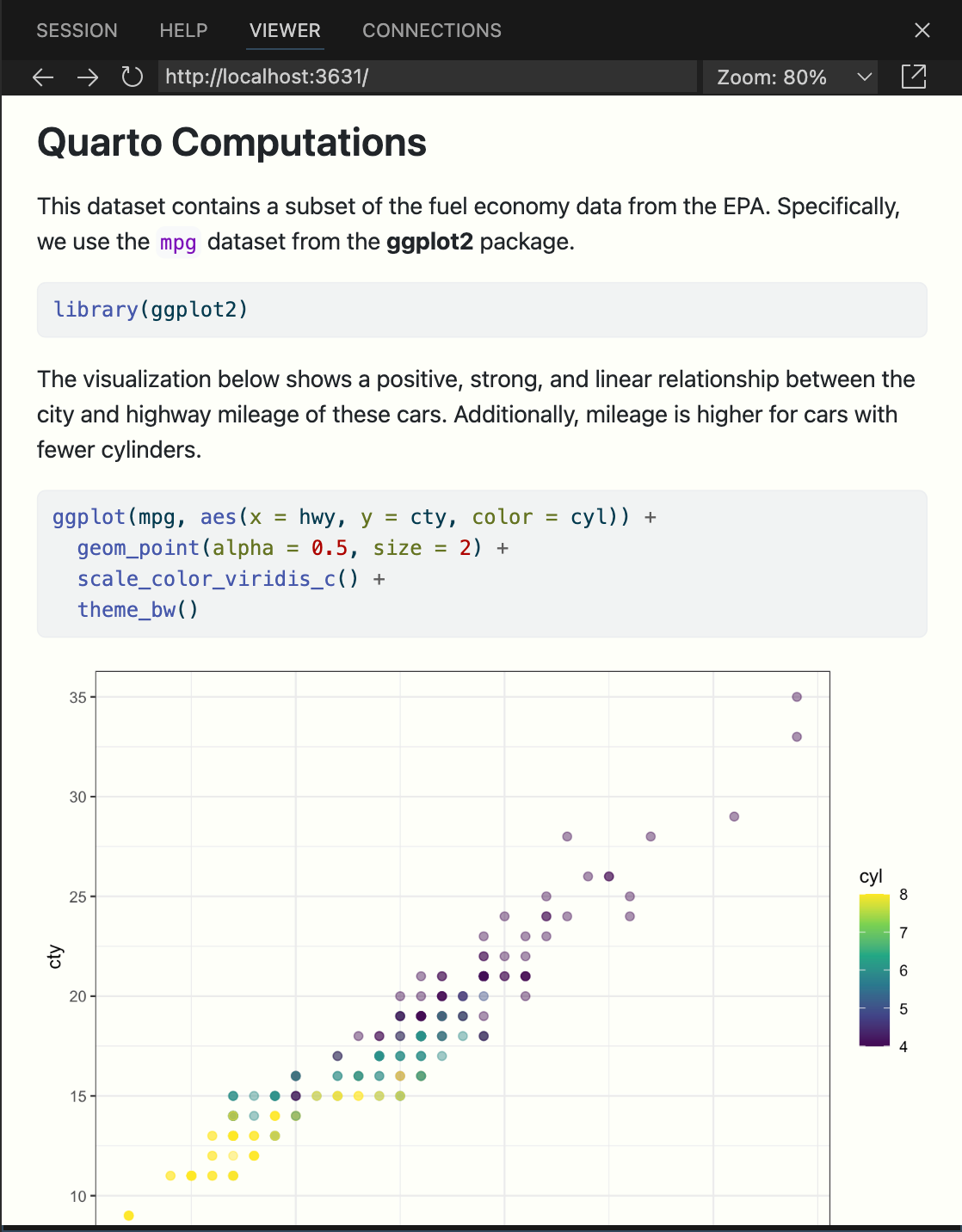 Positron Viewer pane with a document titled Quarto Computations that contains some text, code and a visualization.