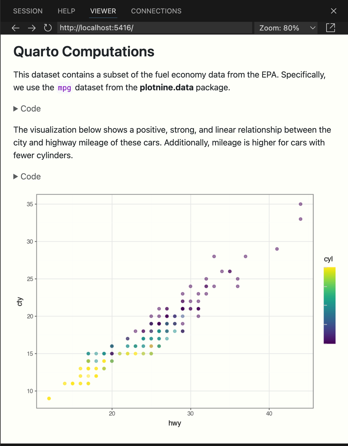 Positron Viewer pane with a document titled Quarto Computations that .  is followed by some text, which is followed by a Code widget that would expand if clicked on, which is followed by some more text, another code widget, and finally the plot. The Code widgets are folded, so the code is not visible in the rendered document.