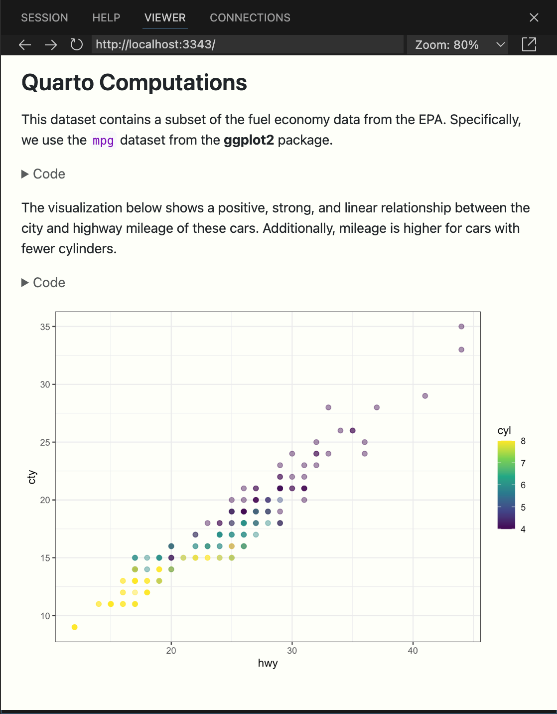 Positron Viewer pane with a document titled Quarto Computations. The title is followed by some text, which is followed by a Code widget that would expand if clicked on, which is followed by some more text, another code widget, and finally the plot. The Code widgets are folded, so the code is not visible in the rendered document.