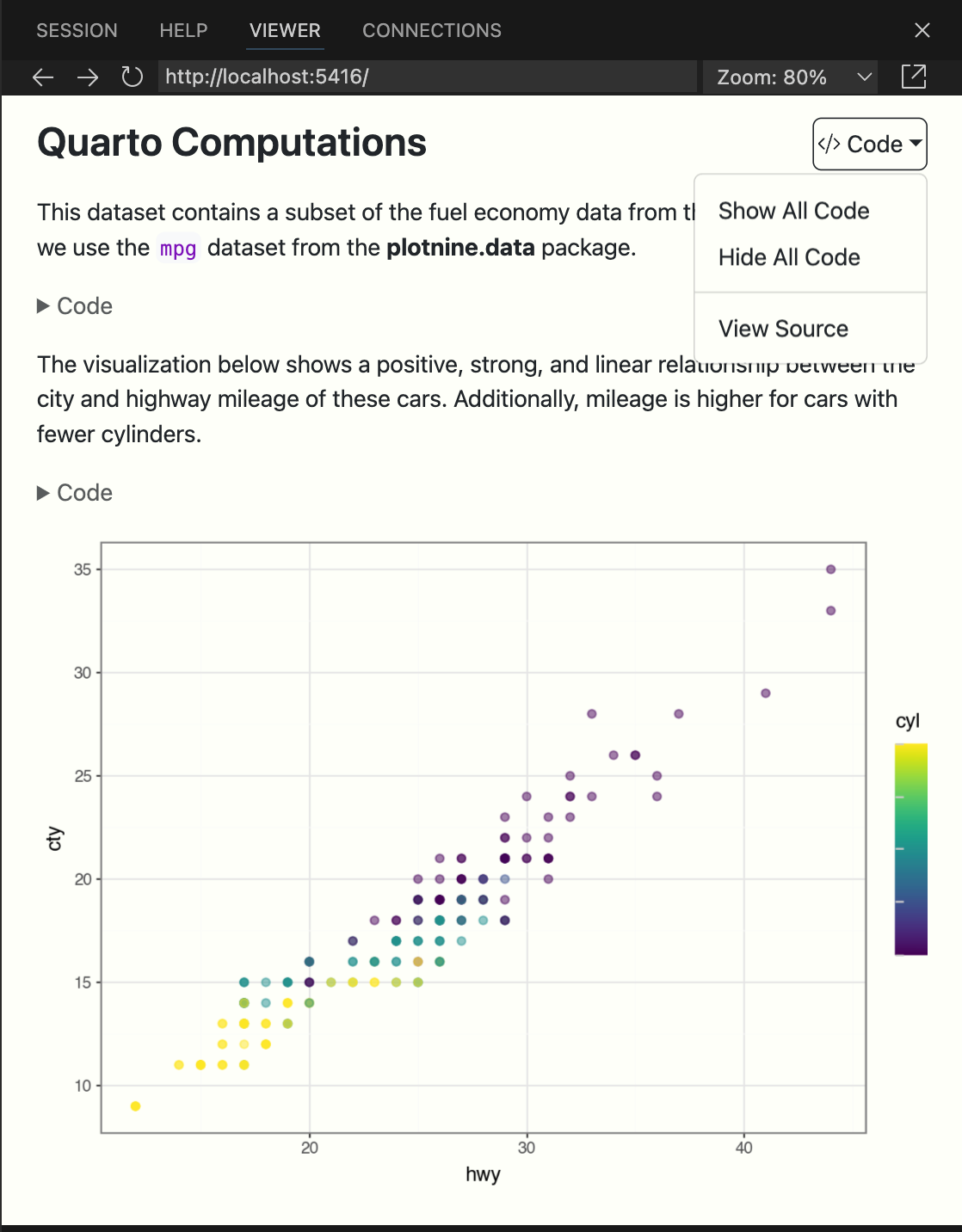 Positron Viewer pane with a document titled Quarto Computations that contains some text, and a visualization. A new code widget appears on top right of the document. The screenshot shows that the widget is clicked on, which reveals a drop down menu with three choices: Show All Code, Hide All Code, and View Source. In the background is the rendered document.
