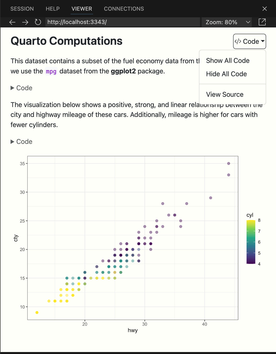 Positron Viewer pane with a document titled Quarto Computations that contains some text, and a visualization. A new code widget appears on top right of the document. The screenshot shows that the widget is clicked on, which reveals a drop down menu with three choices: Show All Code, Hide All Code, and View Source. In the background is the rendered document.