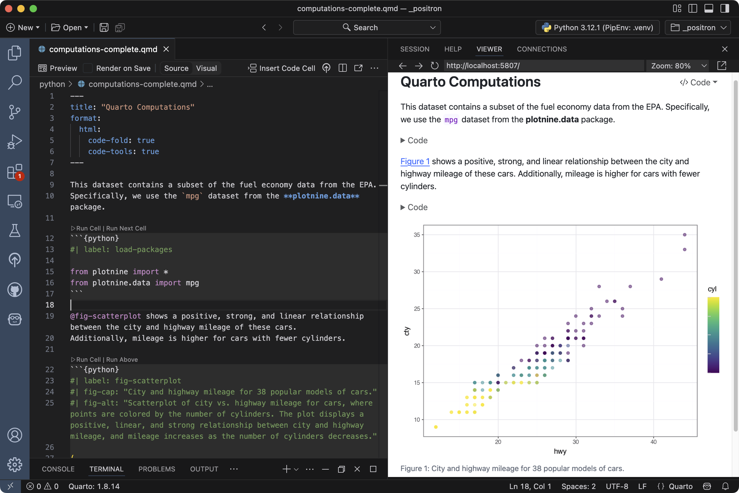 Positron with `computations.qmd` open. On the right is the Editor. Compared to earlier images on the page, the code chunk shows the added fig-cap and fig-alt options. On the right is the rendered version of the document. Below the figure is a caption.