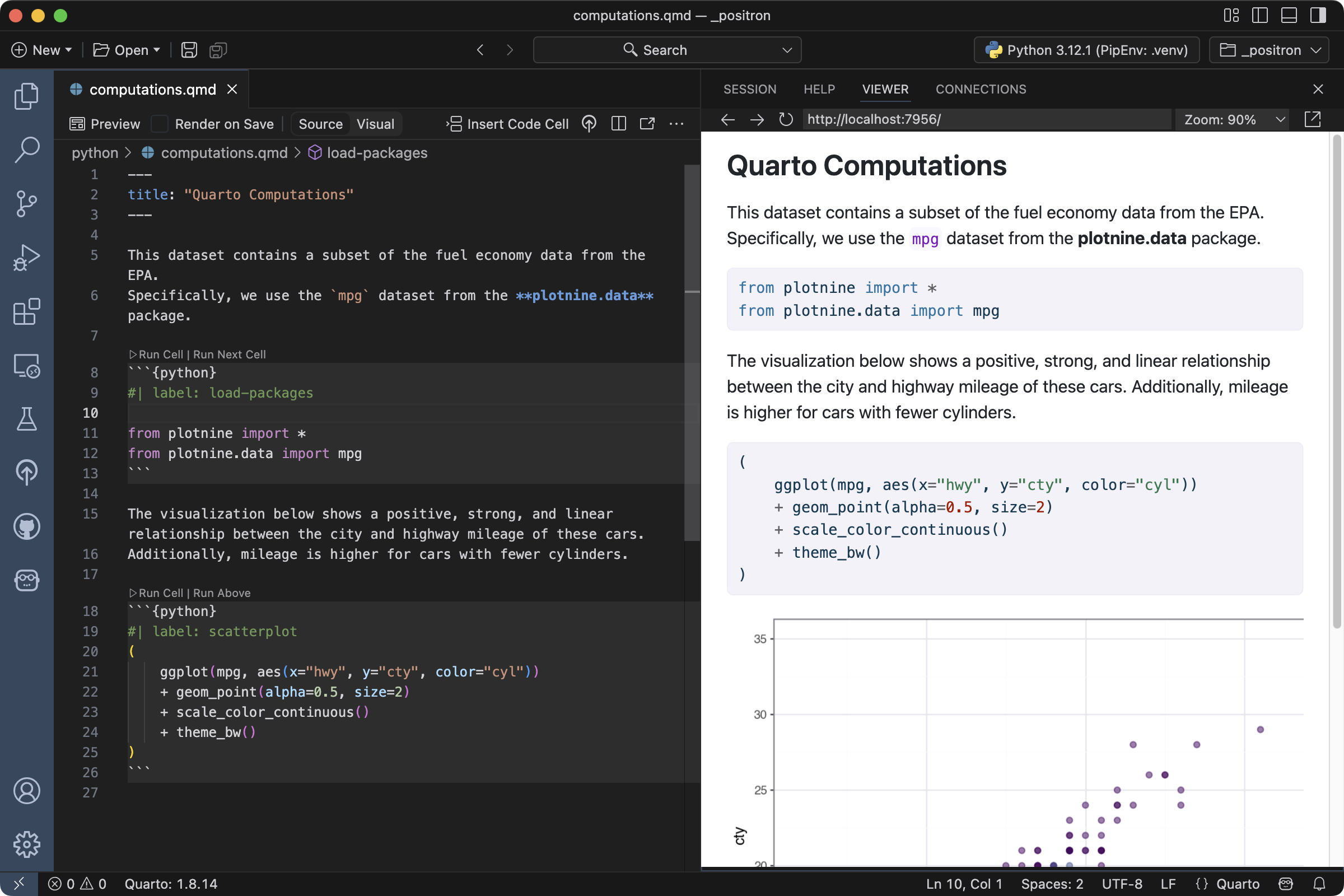 Positron with `computations.qmd` open in the Editor. The document is being previewed in the Viewer.