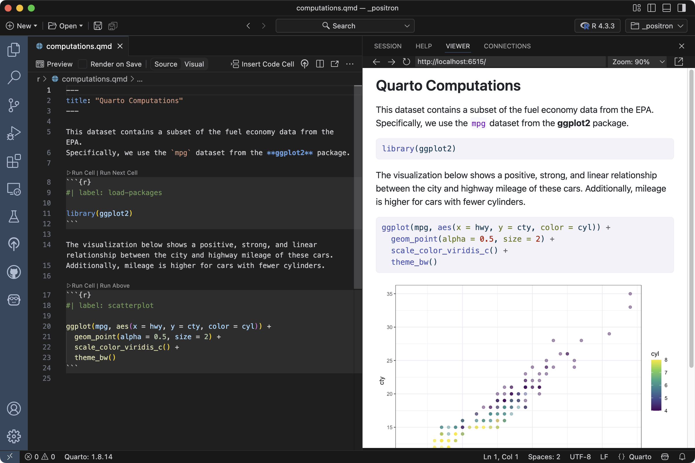 Positron with `computations.qmd` open in the Editor. The document is being previewed in the Viewer.