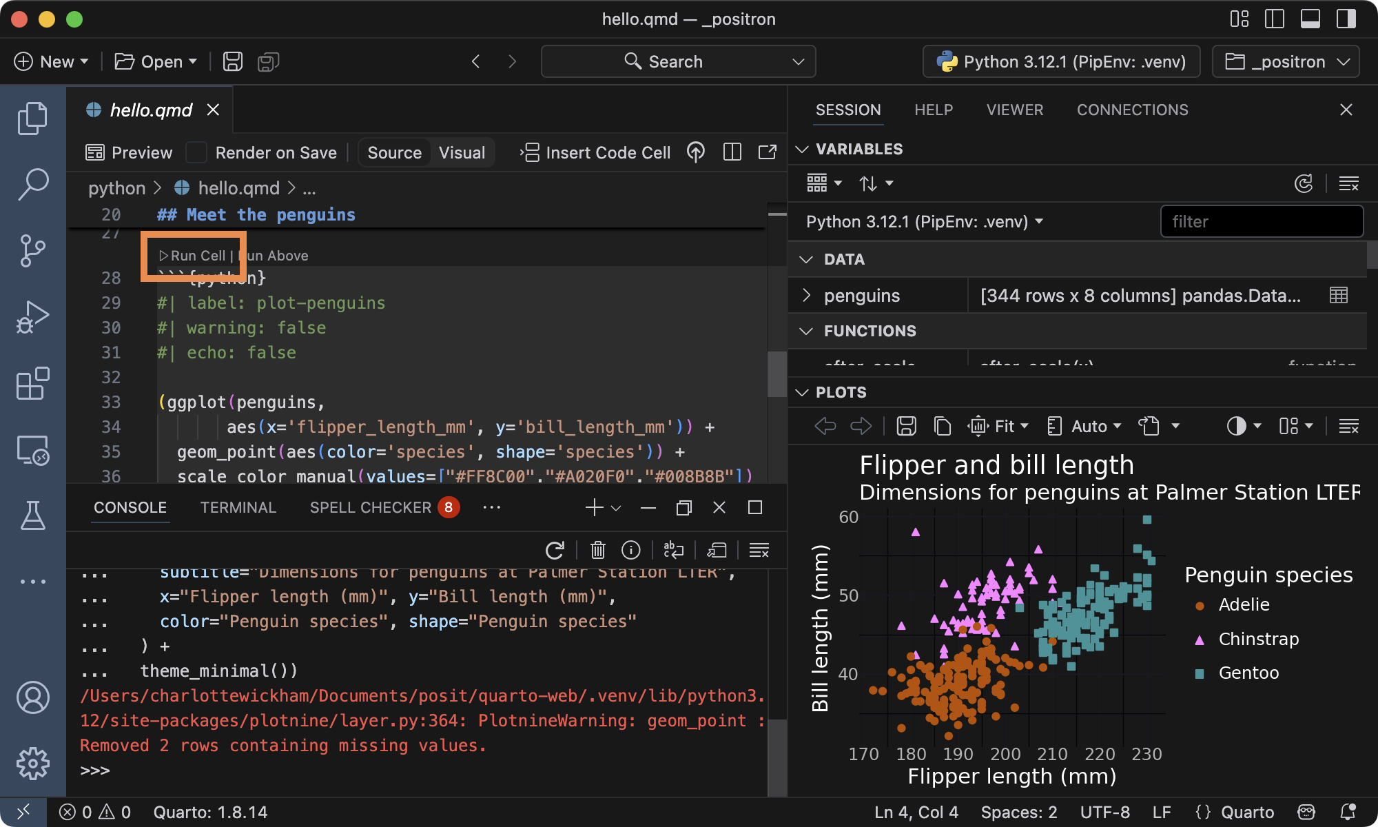 A Positron session with `hello.qmd` open in the Editor. An orange box highlights the button 'Run Cell' above a code cell with the label `plot-penguins`. The Console shows an executed line of code ending in `theme_minimal()` and the Plots pane shows a scatterplot of penguin flipper and bill length.