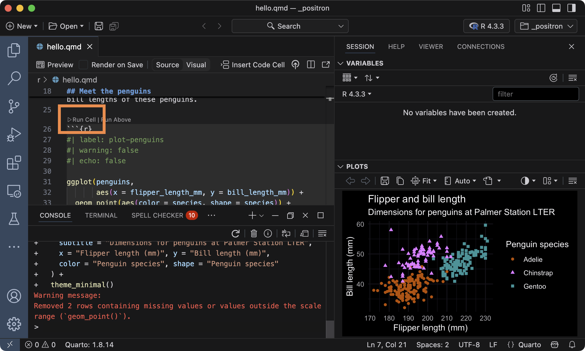 A Positron session with `hello.qmd` open in the Editor. An orange box highlights the button 'Run Cell' above a code cell with the label `plot-penguins`. The Console shows an executed line of code ending in `theme_minimal()` and the Plots pane shows a scatterplot of penguin flipper and bill length.